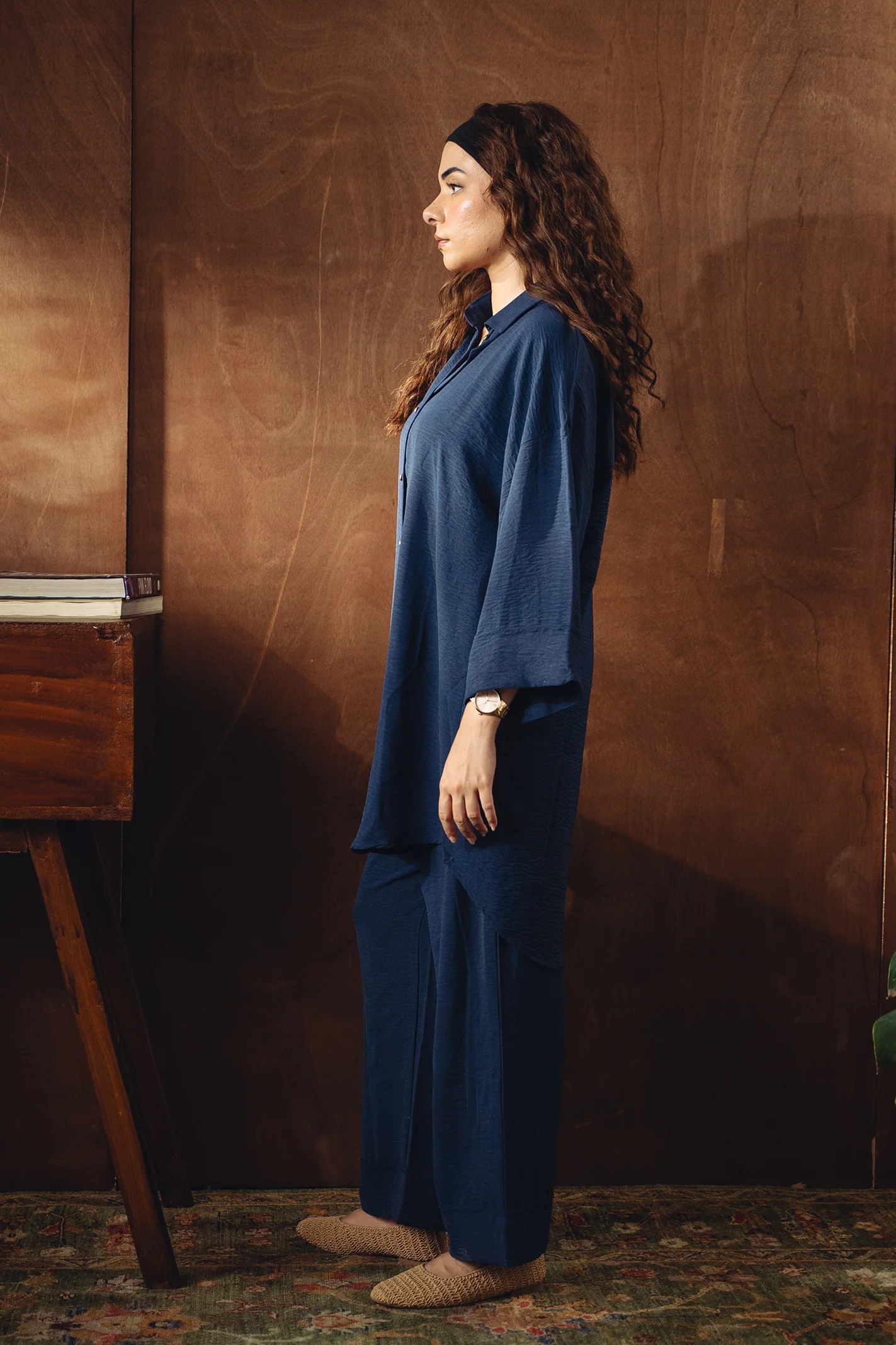 Textured Button Down Co-ord Set - Navy - Image 4