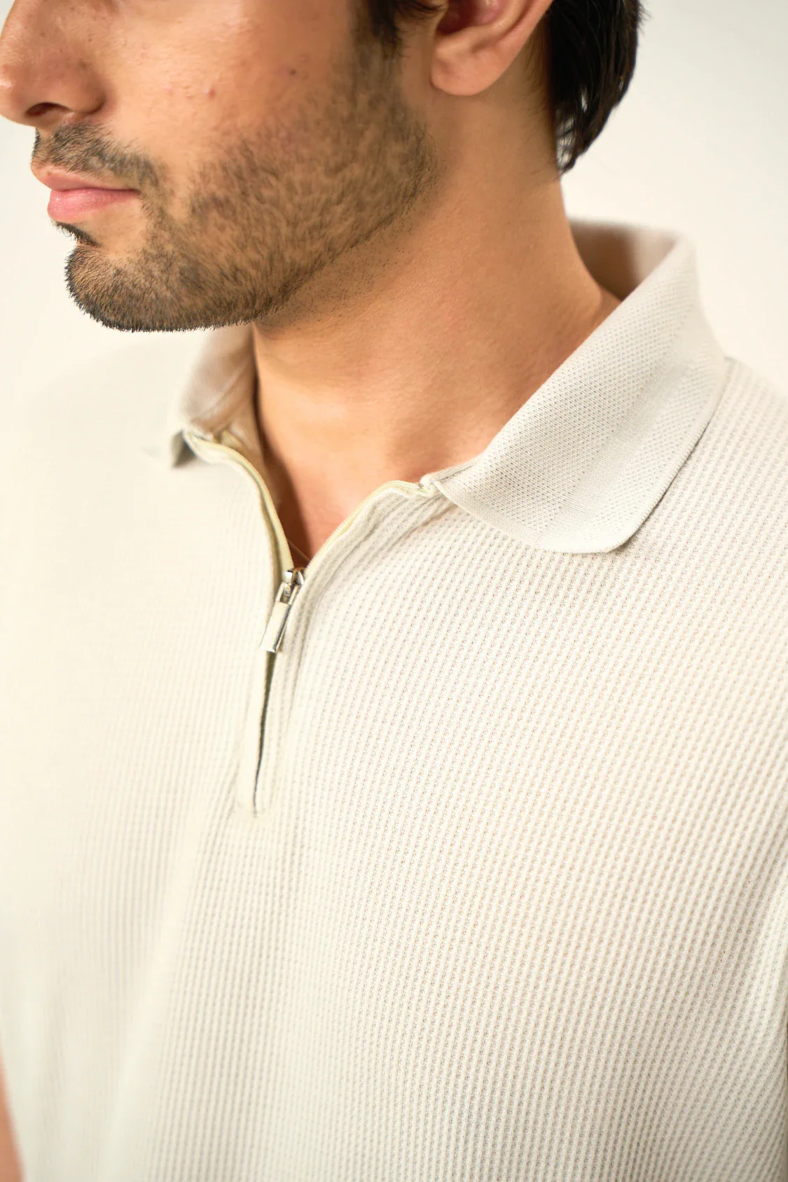 Waffle Zip Polo - Ash White - Image 5