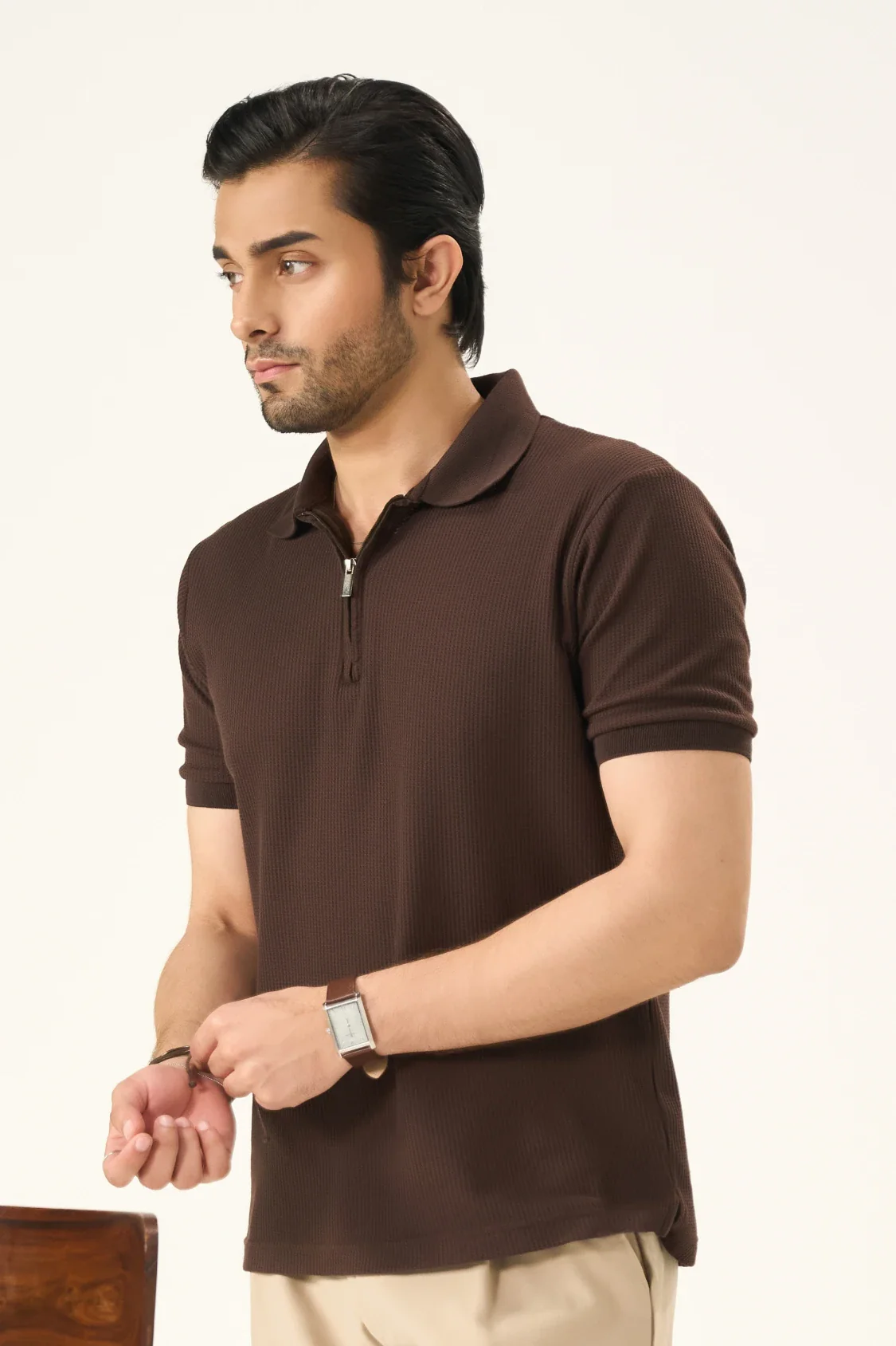 Waffle Zip Polo - Mocha Brown - Image 3