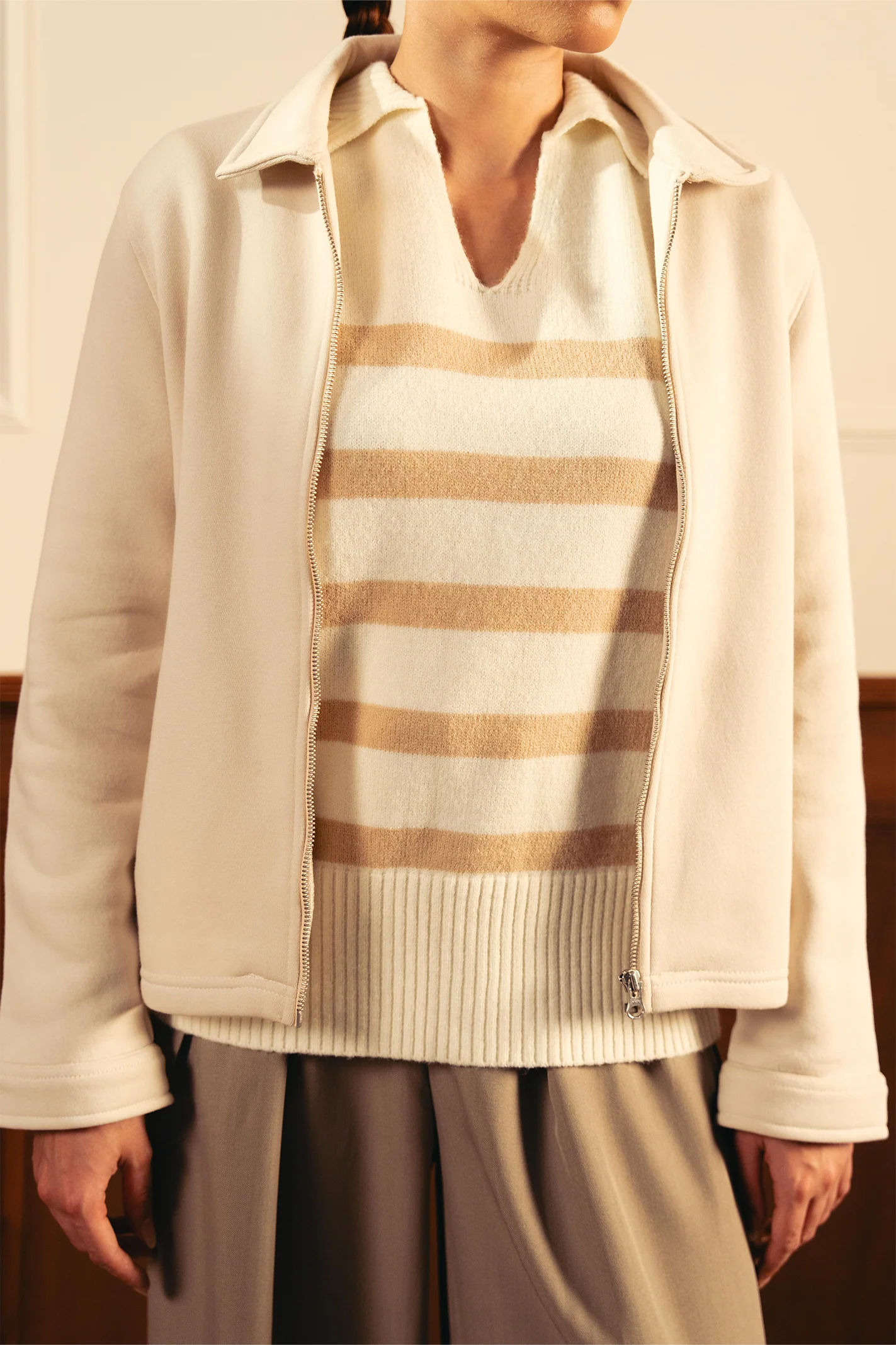 Women Full Zipper Jacket - Ivory - Image 5