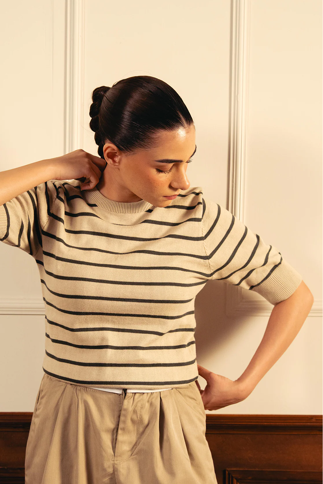 Women Soft Knit Stripe Tee - Cream and Green - Image 3