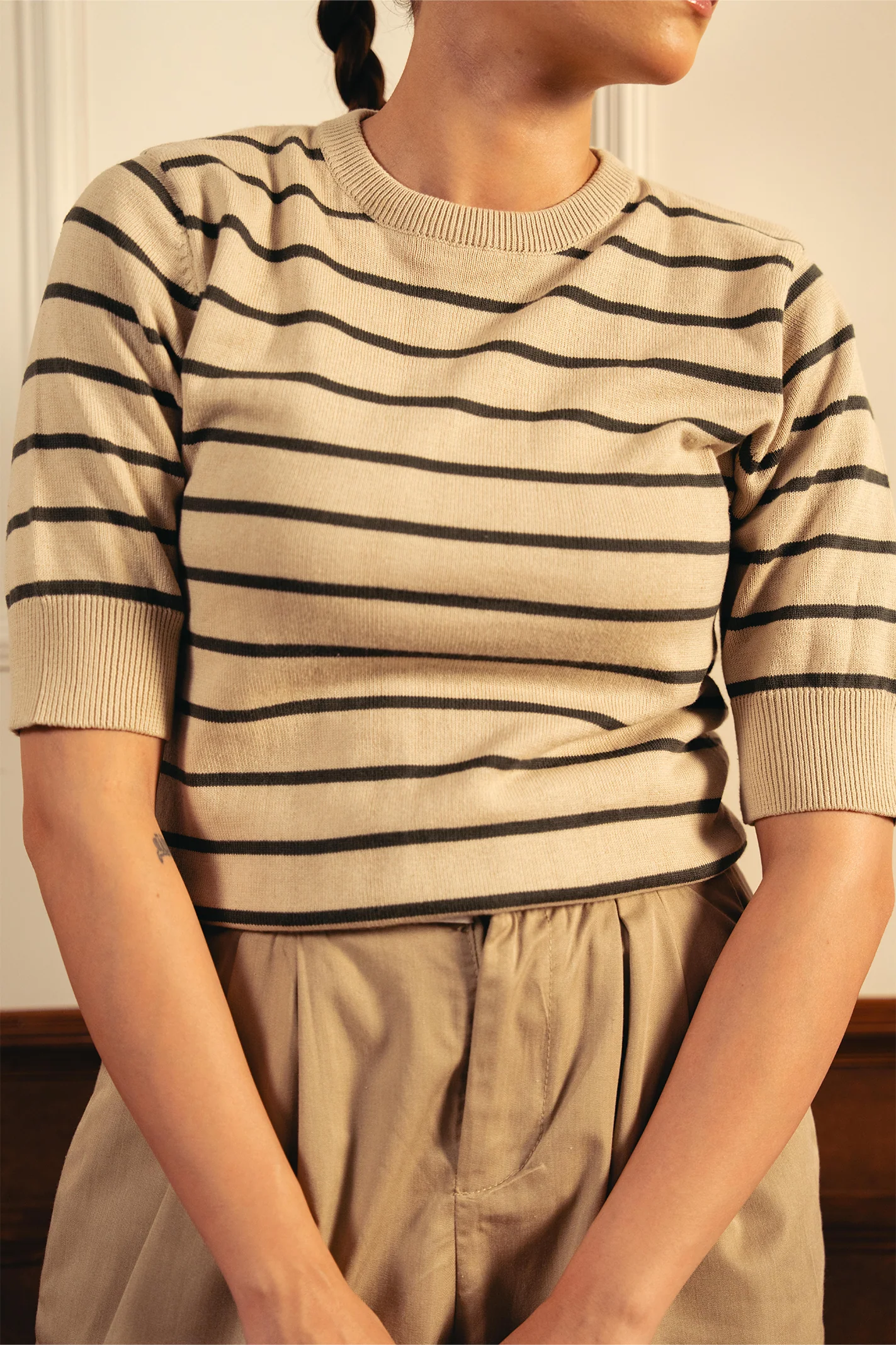 Women Soft Knit Stripe Tee - Cream and Green - Image 4