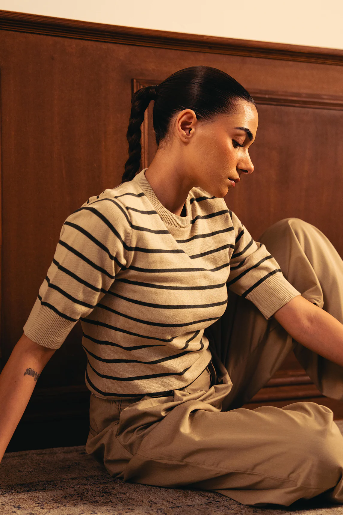 Women Soft Knit Stripe Tee - Cream and Green - Image 5