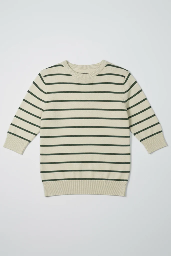 Women Soft Knit Stripe Tee - Cream and Green - Image 7